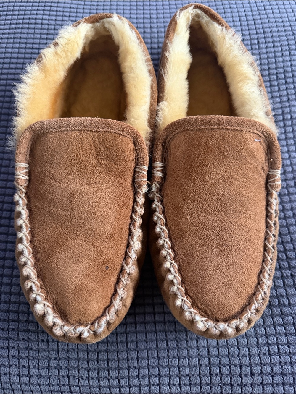 L.L. Bean Kids Brown Suede Moccasin Slippers with Cream Faux Fur